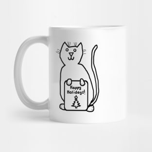 Cute Christmas Cat says Happy Holidays Line Drawing Mug